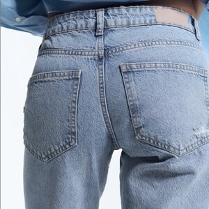 Zara Jeans | Mid-Rise Straight Leg Distressed Denim | Color: Light Blue | Size 0